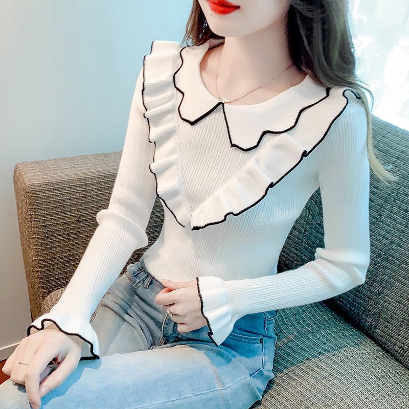 【tops】折り襟フリルニットトップス　M18137