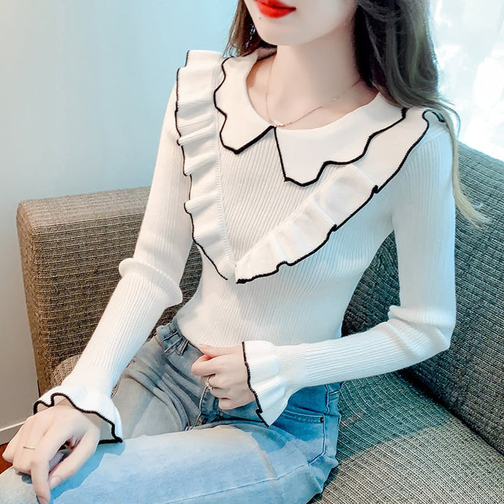 【tops】折り襟フリルニットトップス　M18137