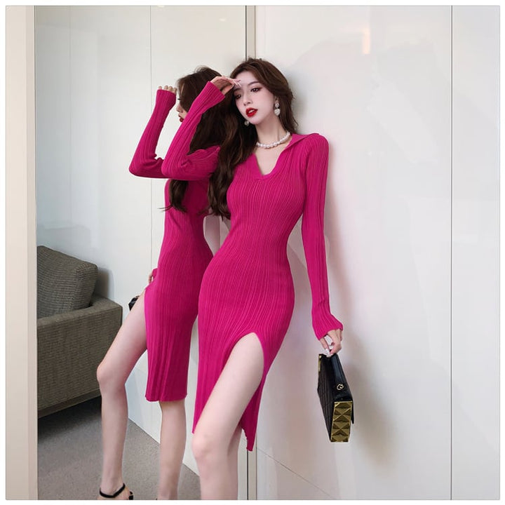 【dress】Vネックスリットニットワンピース　M17974
