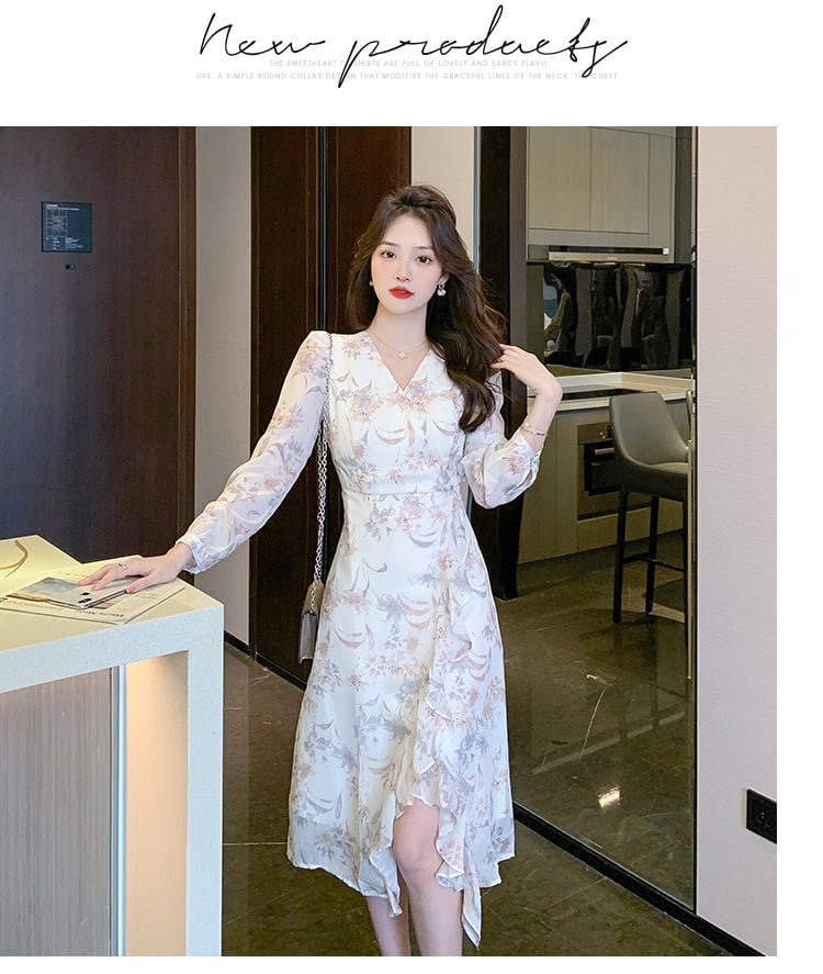 【dress】早い者勝ちVネックスリット花柄ワンピース　M17304