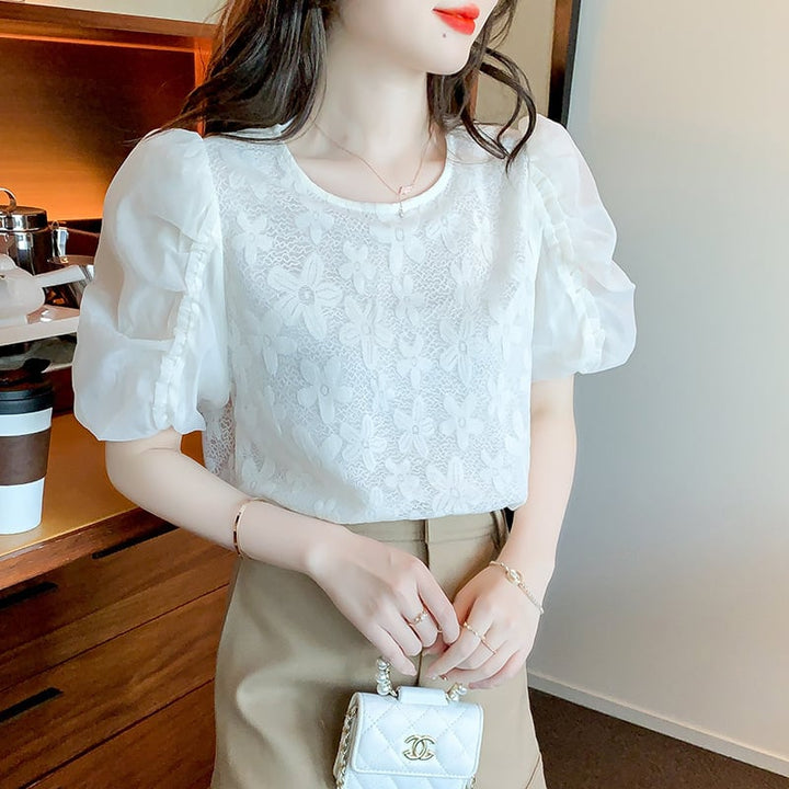 【tops】パフスリーブジャカードカットワークトップス　M17126
