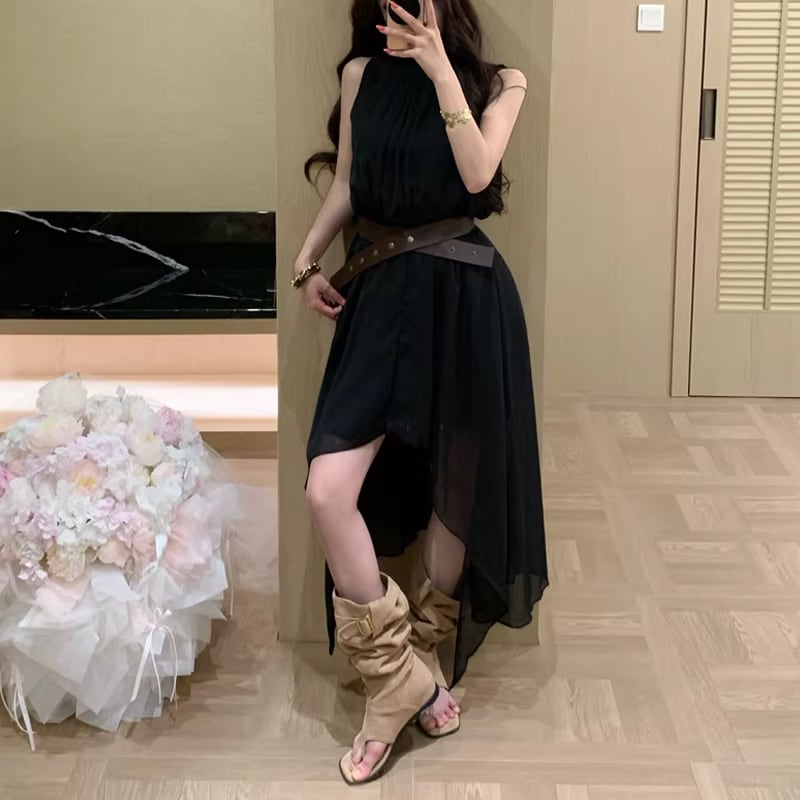 【dress】ベルト付きノースリーブシフォンイレヘムワンピース Q8263