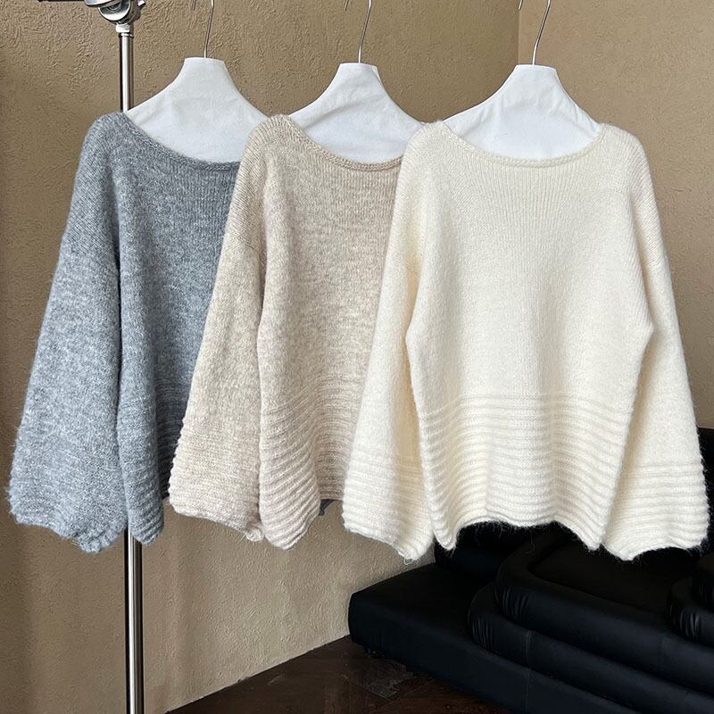 【tops】オフショルダーバルーンスリーブニットトップス　N2911