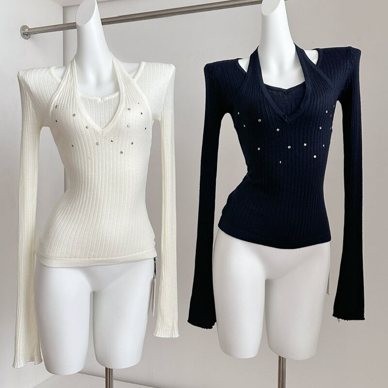 【tops】フェイクレイヤードニットトップス Q7960