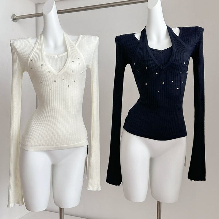 【tops】フェイクレイヤードニットトップス Q7960