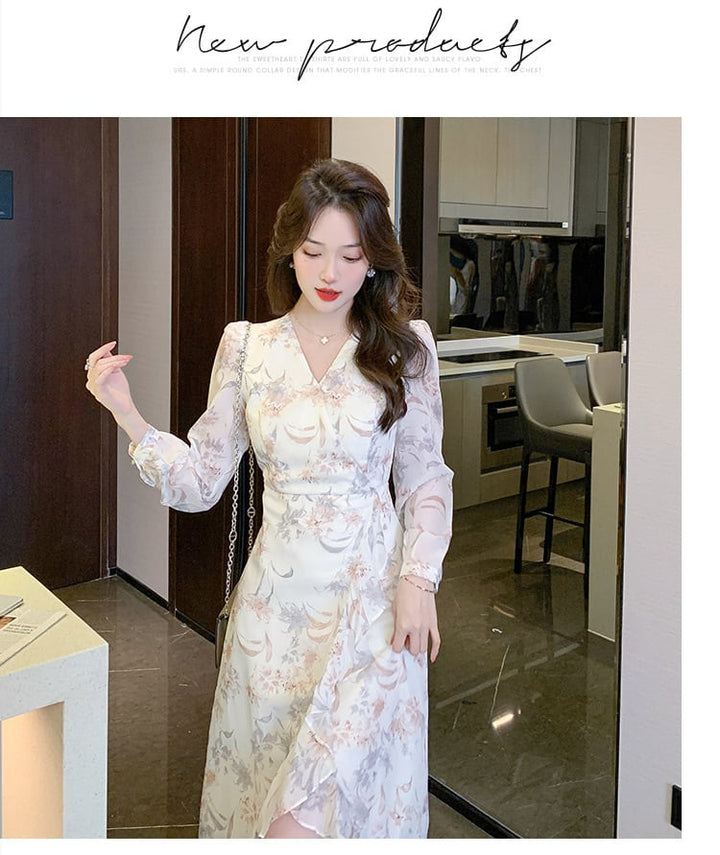 【dress】早い者勝ちVネックスリット花柄ワンピース　M17304