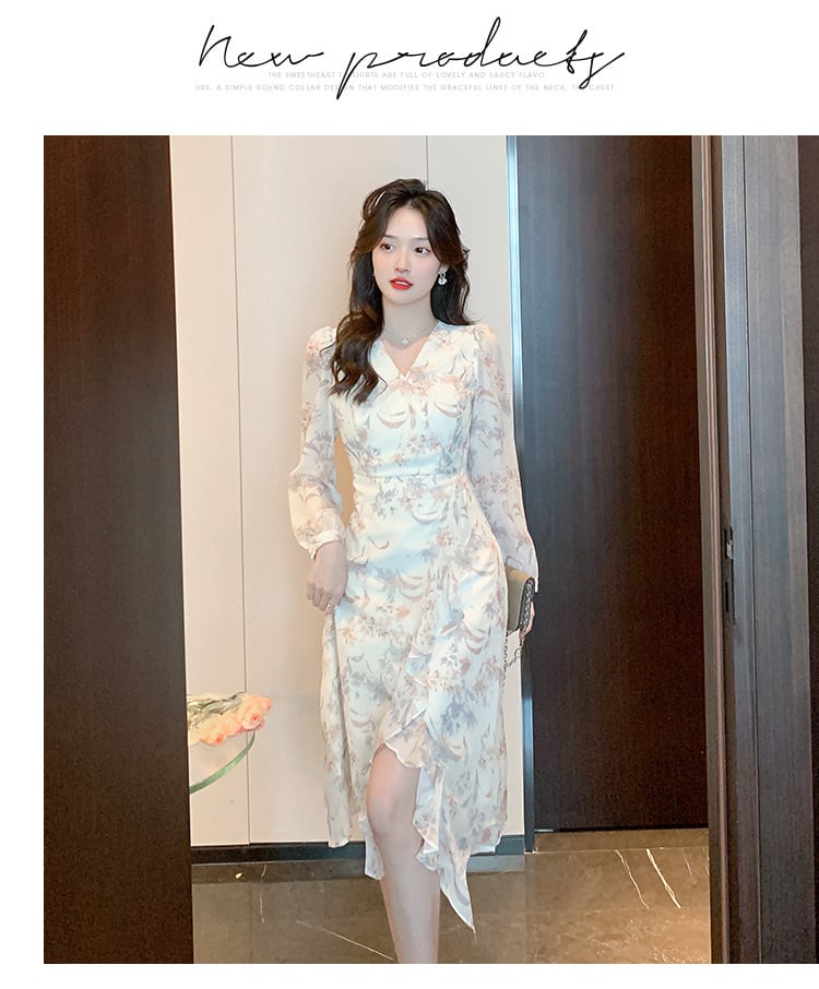 【dress】早い者勝ちVネックスリット花柄ワンピース　M17304