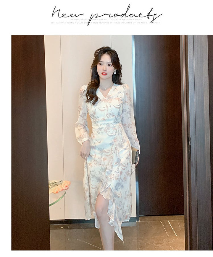 【dress】早い者勝ちVネックスリット花柄ワンピース　M17304