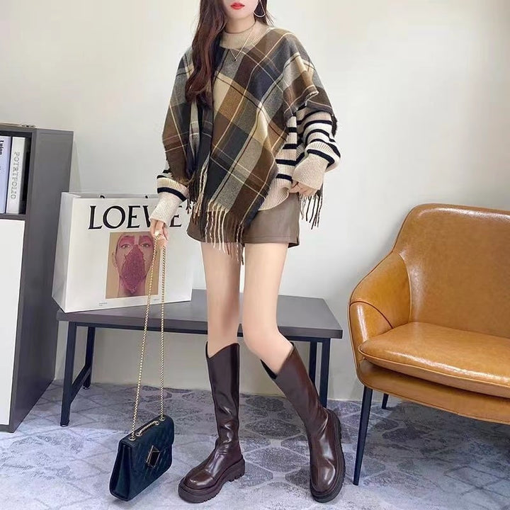 【tops】ドッキングチェック柄ニットセーター　M18371