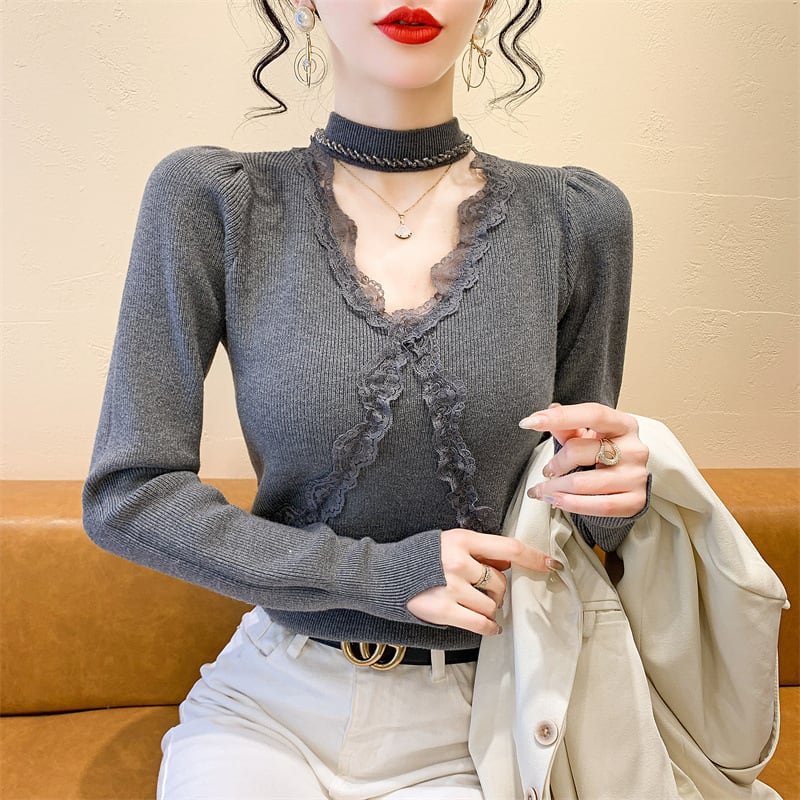 【tops】ビジューレース切り替えニットトップス　M27732