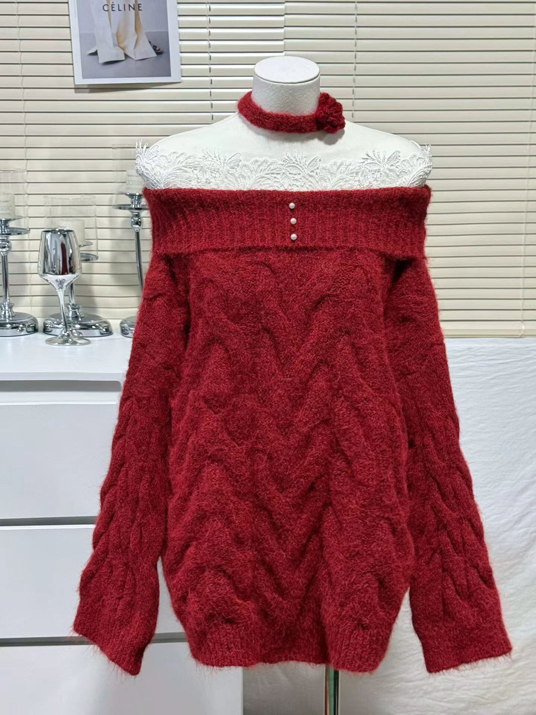 【tops】レースドッキングオフショルダーニットトップス Q7680