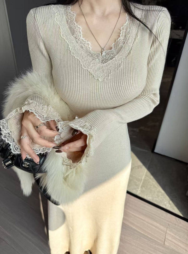 【dress】レースドッキングニットワンピース  K0677