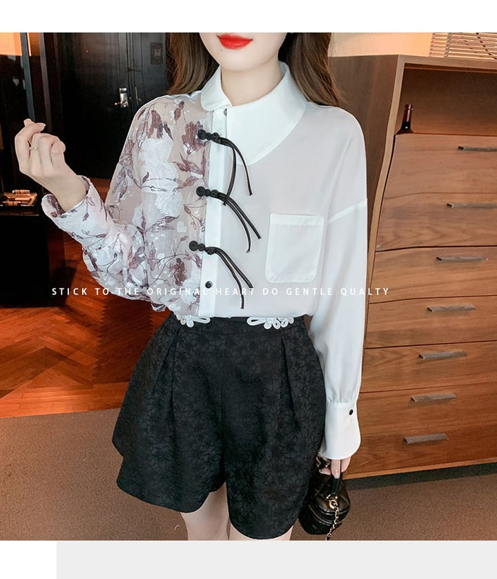 【tops】プリントドッキングシャツトップス　M18287