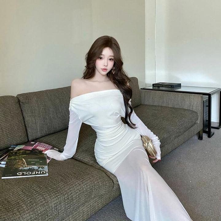 【dress】オフショルダーチュールドッキングワンピース Q7885
