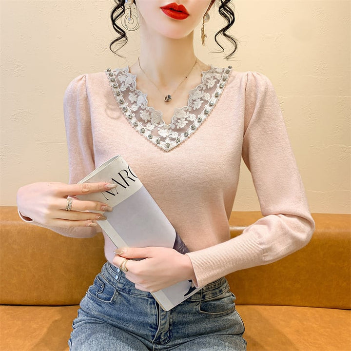 【tops】Vネックレース切り替えニットトップス　M28260