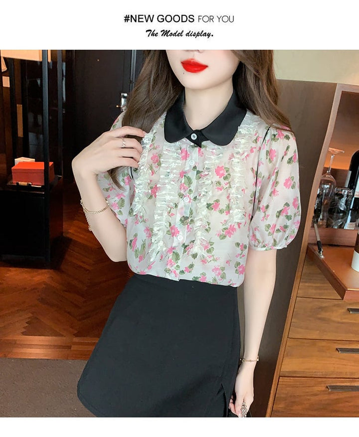 【tops】美人度アップスウィート折り襟花柄シャツトップス　M16883