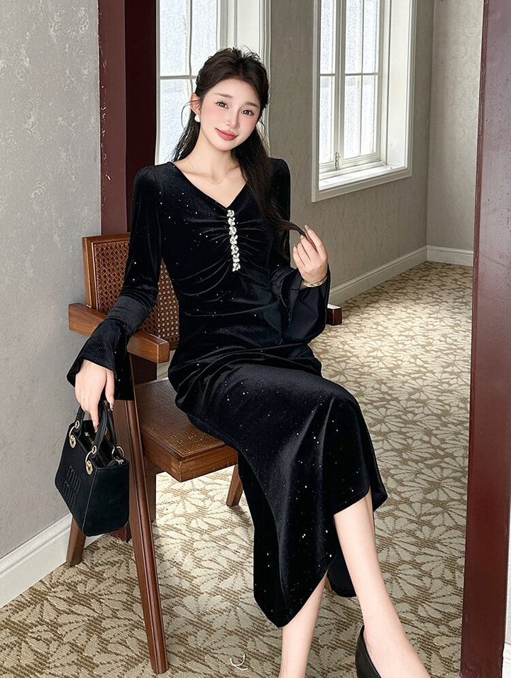 【dress】Vネックベルベットロングワンピース Q7502