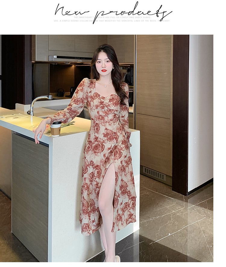 【dress】話題沸騰中 オシャレスリット花柄ワンピース　M17306