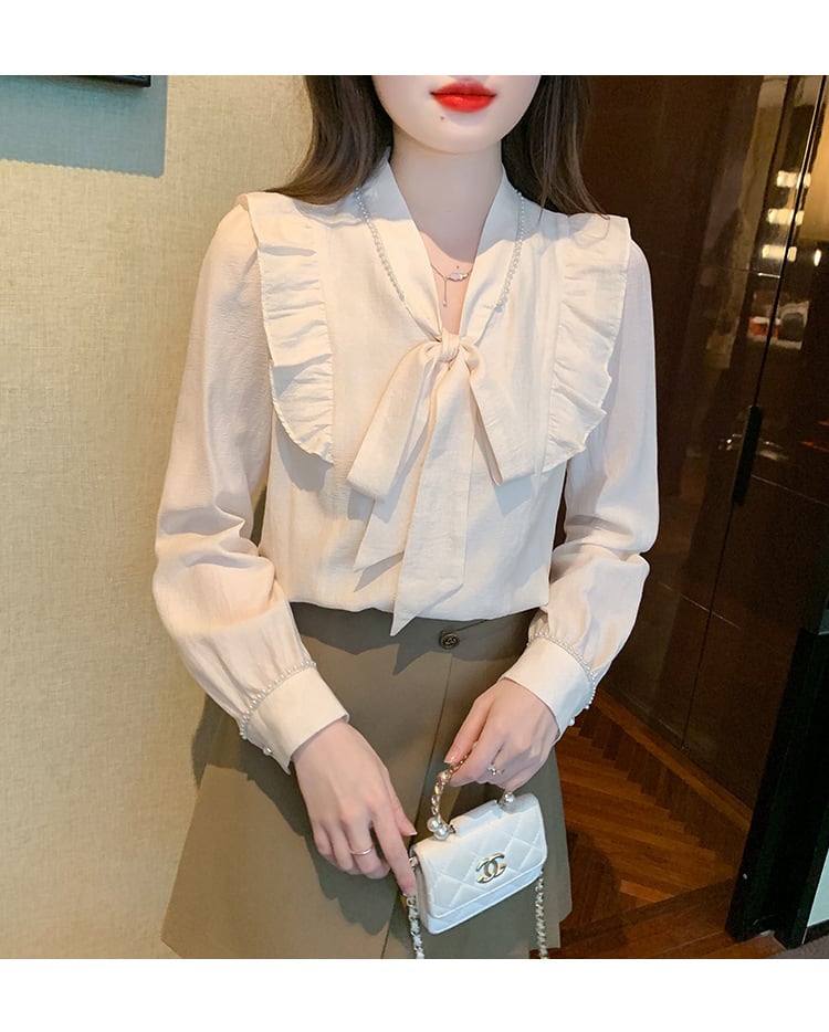 【tops】美人度アップリボン付きシャツトップス超人気　M17338