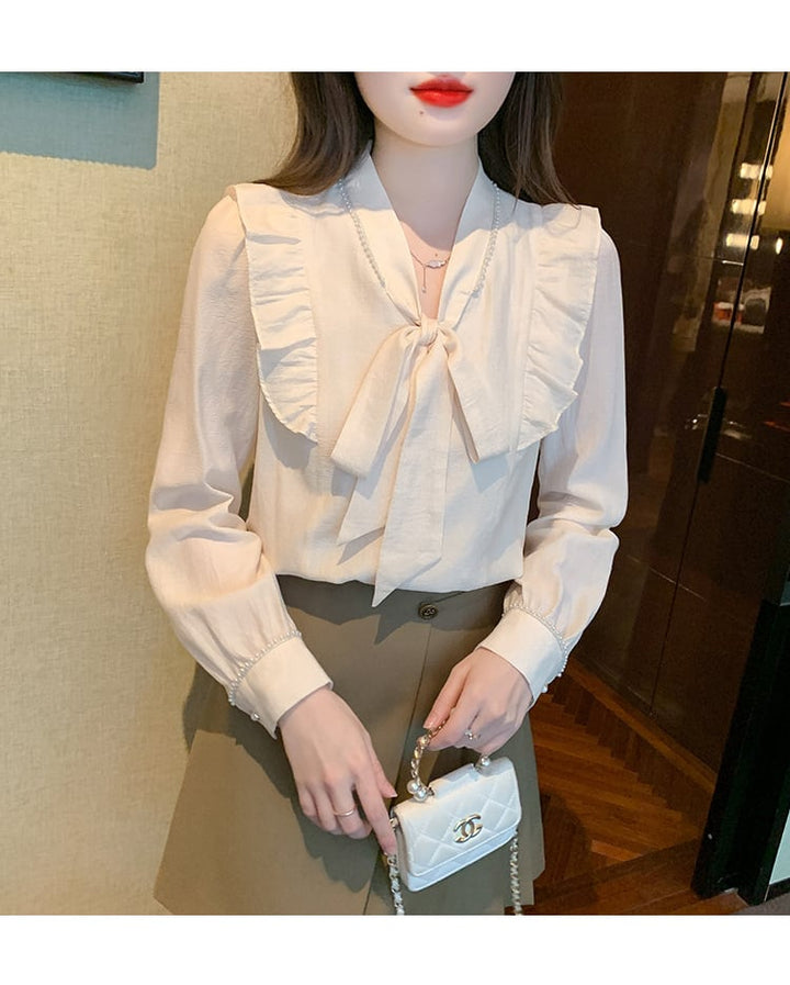 【tops】美人度アップリボン付きシャツトップス超人気　M17338