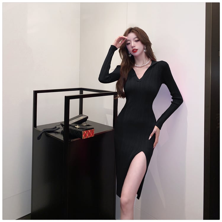 【dress】Vネックスリットニットワンピース　M17974