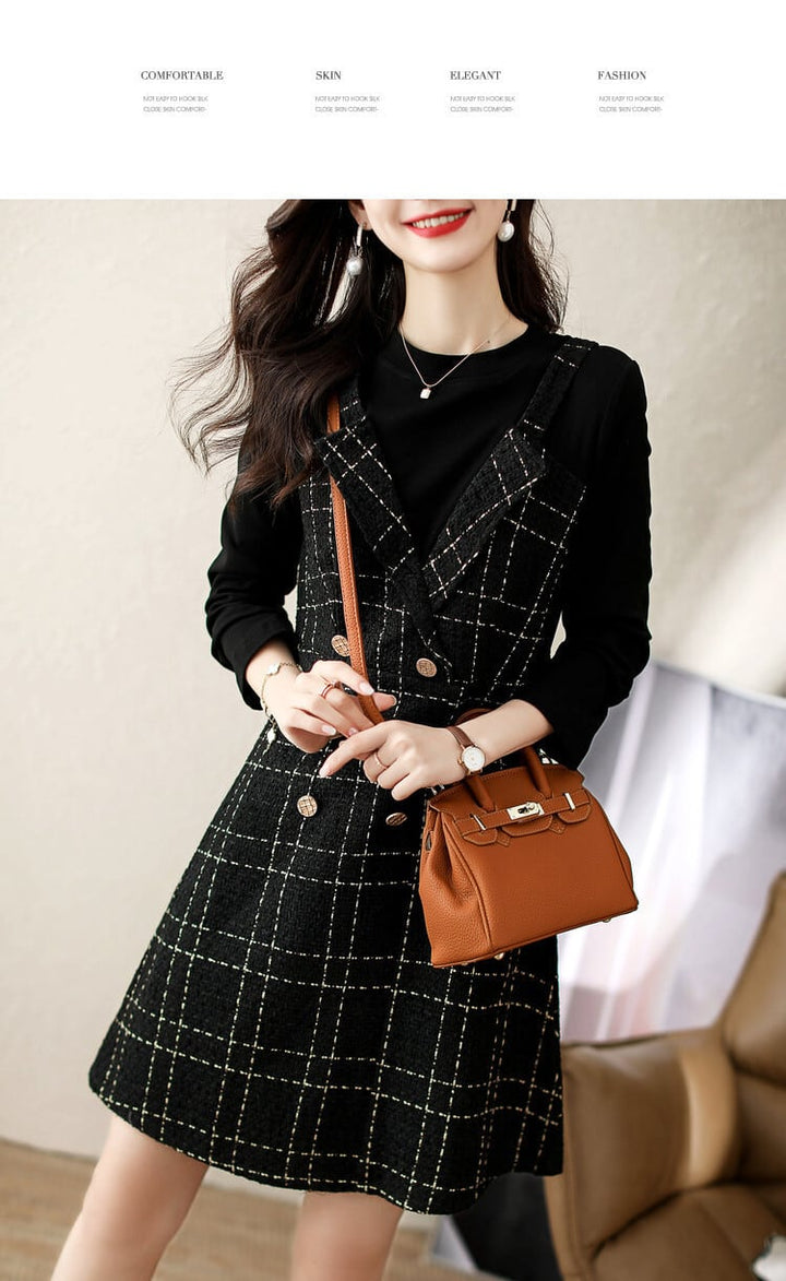【dress】切り替えボタンデザインチェック柄ワンピース　M17688