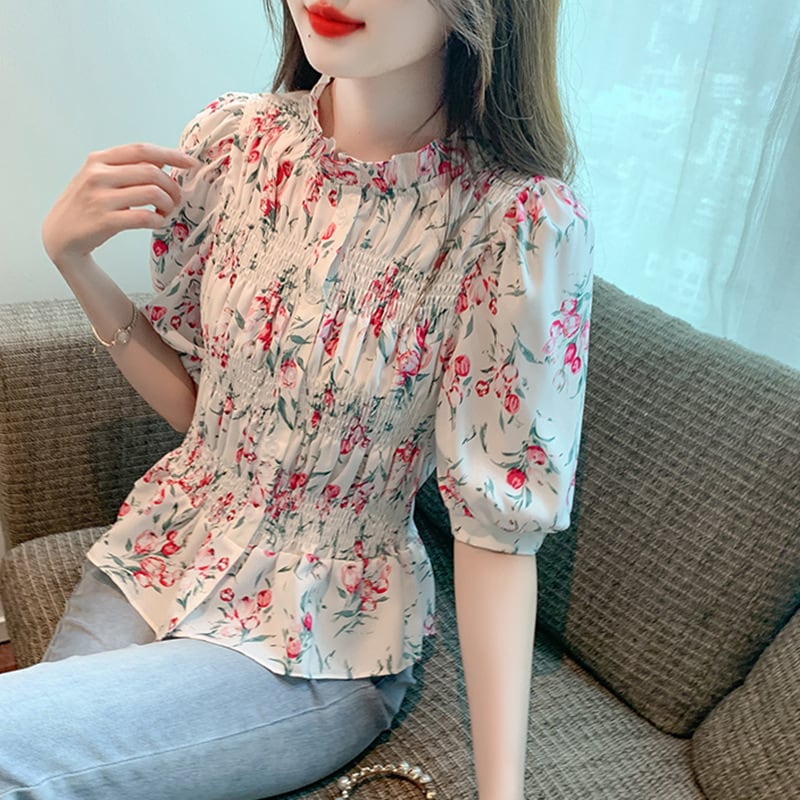【tops】美人度アップスウィートパフスリーブ花柄トップス　M17339