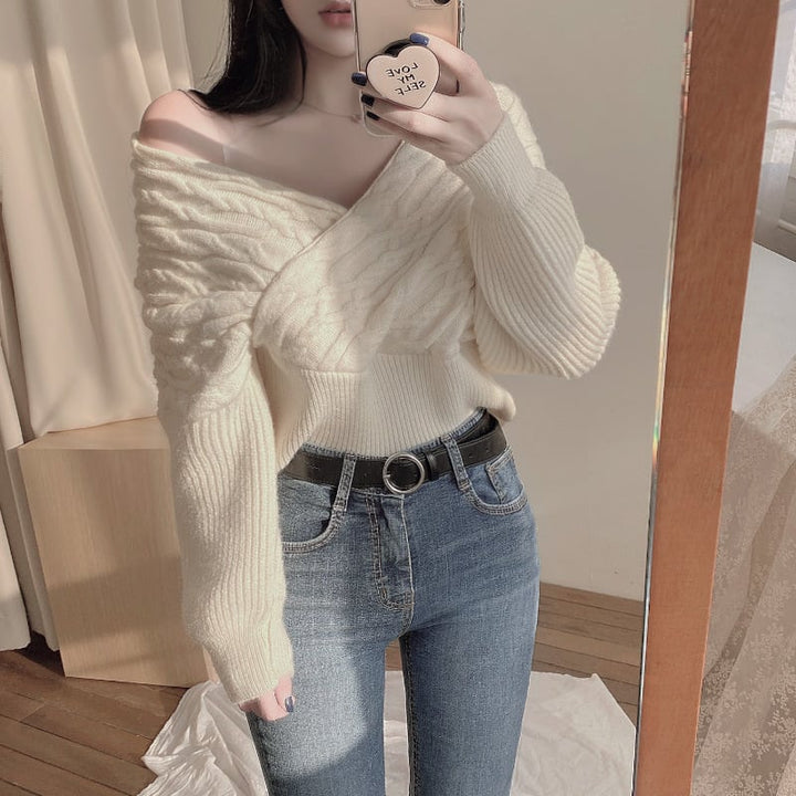 【tops】クロスVネックニットセーター　M26968