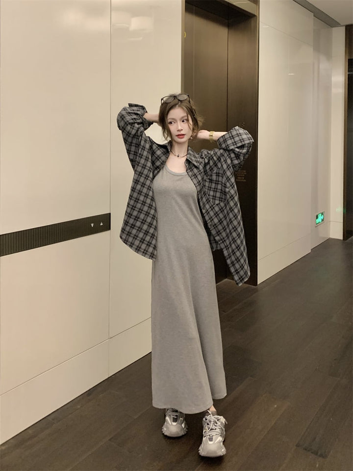 【set】チェック柄シャツ×キャミワンピースセット　M25124