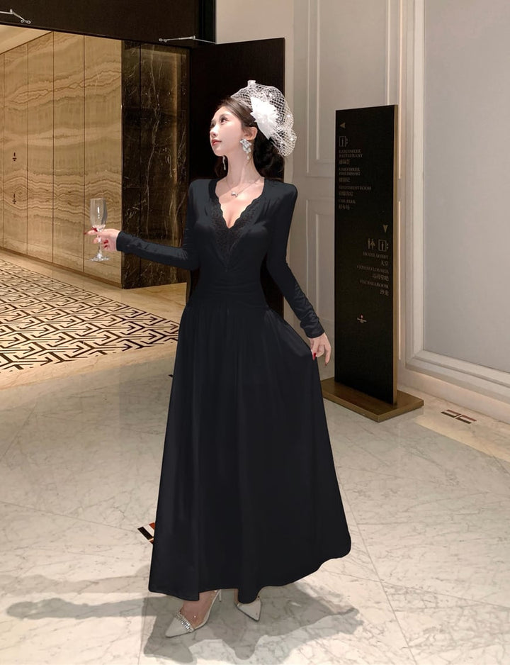 【dress】Vネックレースドッキングワンピース Q7425