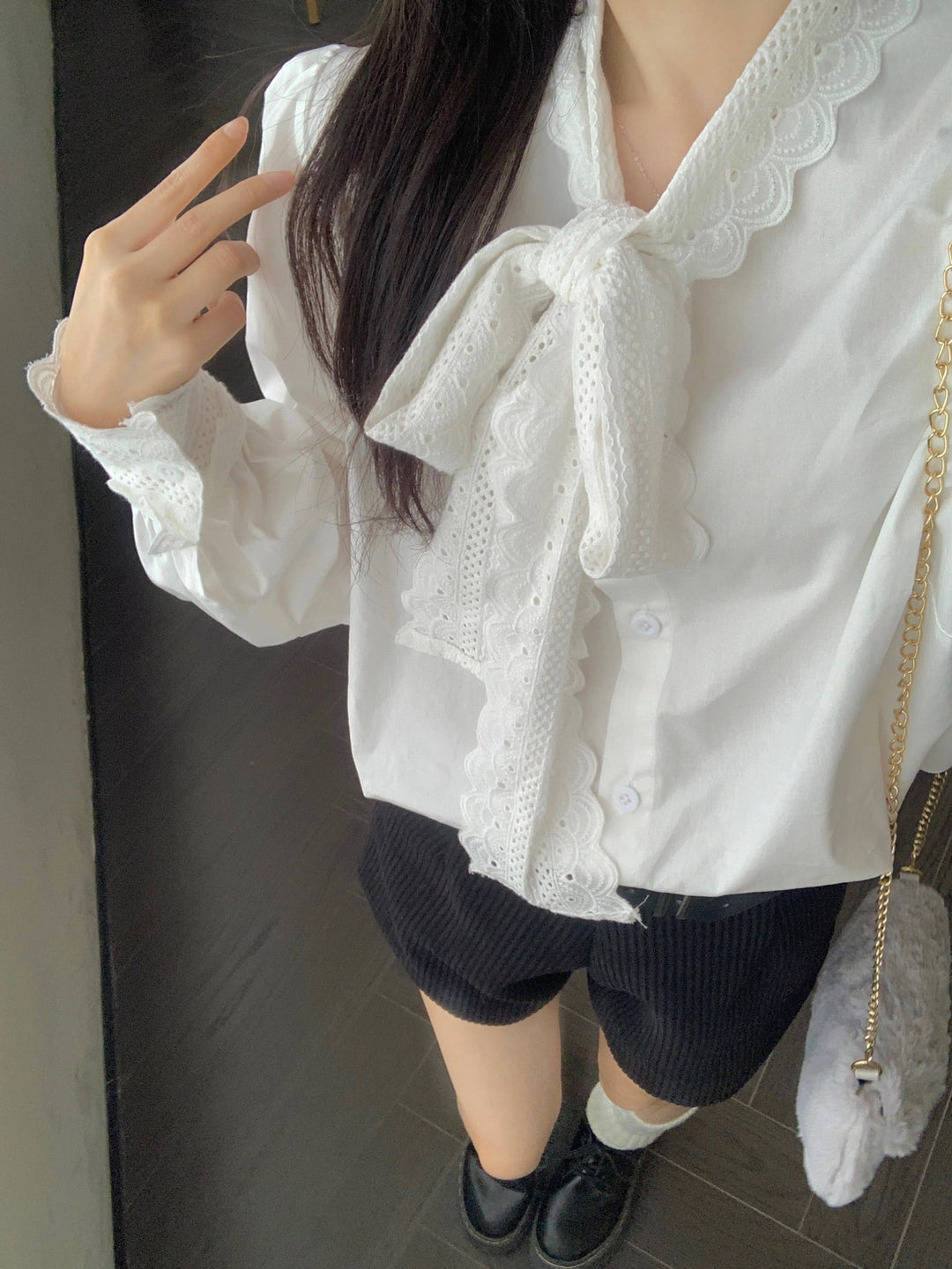 【tops】レース切り替えシャツブラウス　M29816