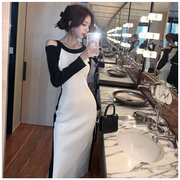 【dress】オフショルダースリットニットワンピース　M17920
