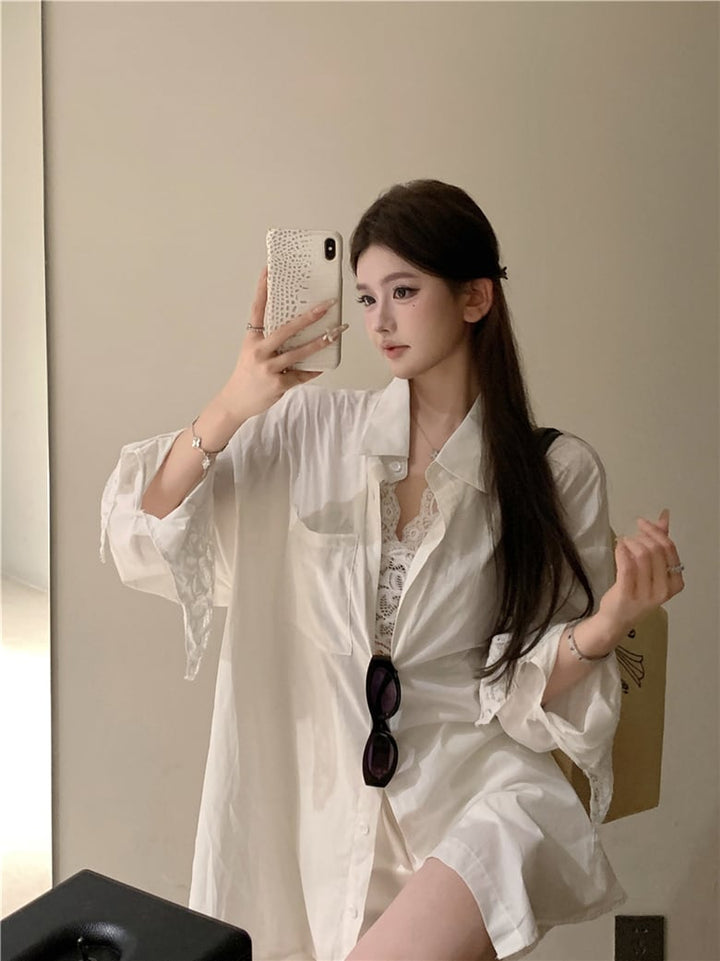 【set】UVカットシャツ×レースノースリーブトップスセット　N2685
