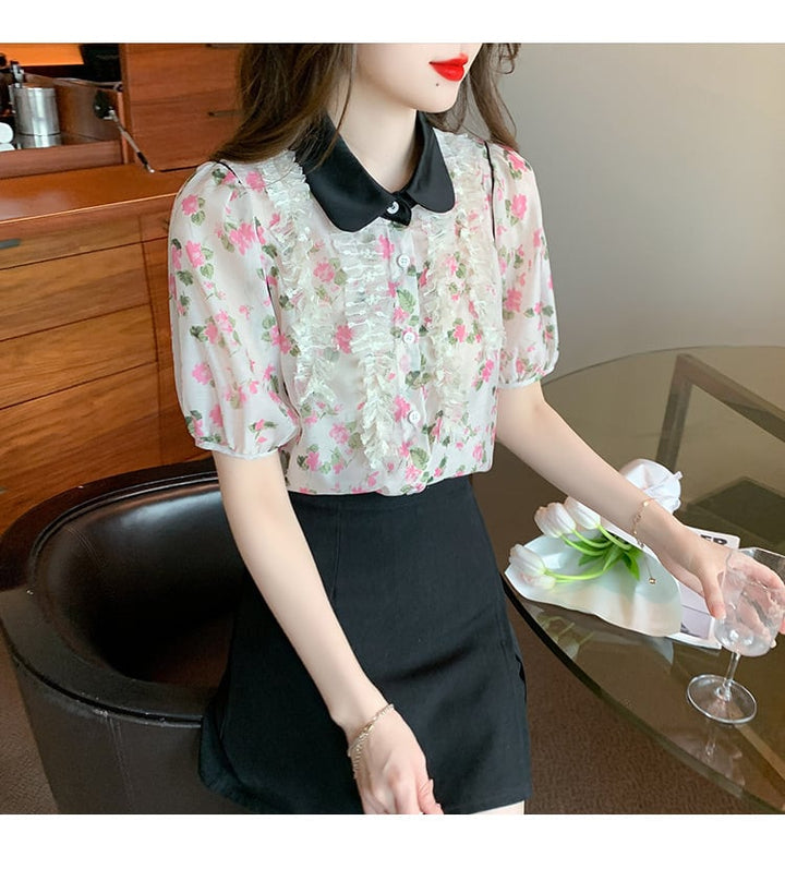 【tops】美人度アップスウィート折り襟花柄シャツトップス　M16883