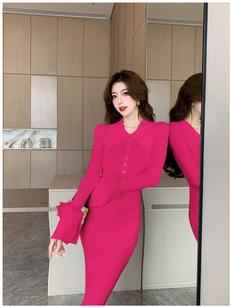 【dress】POLOネック袖ファーニットワンピース　M18007