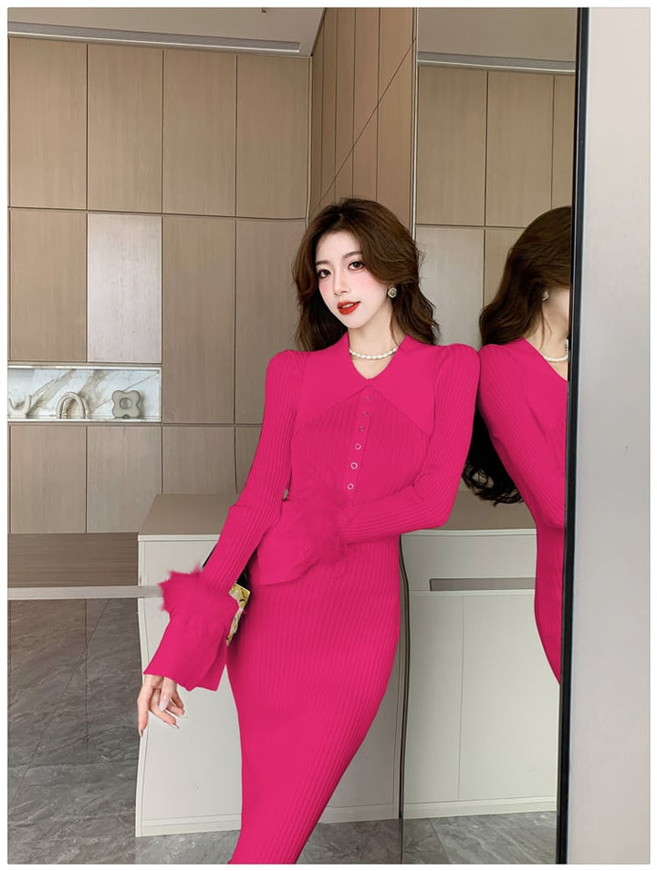 【dress】POLOネック袖ファーニットワンピース　M18007