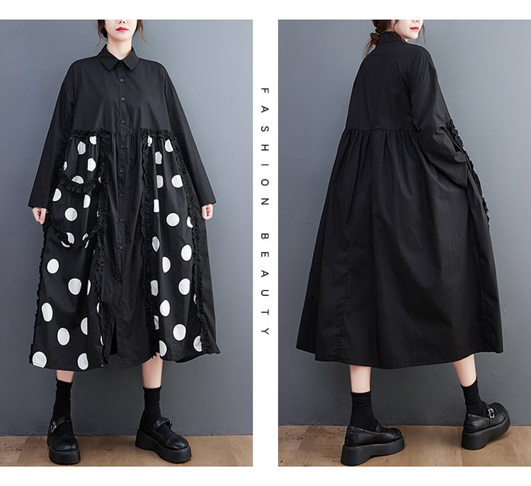 【dress】韓国系プリント切り替えシャツワンピースゆったり　M17448