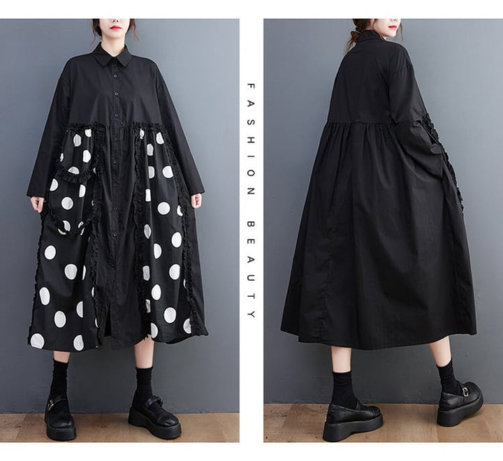 【dress】韓国系プリント切り替えシャツワンピースゆったり　M17448