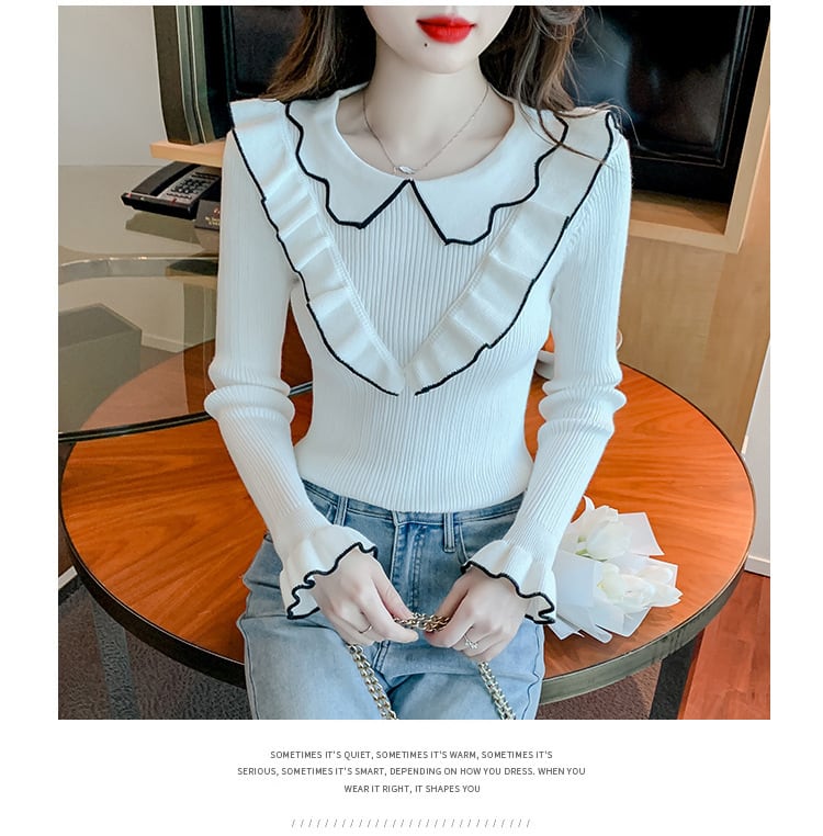 【tops】折り襟フリルニットトップス　M18137