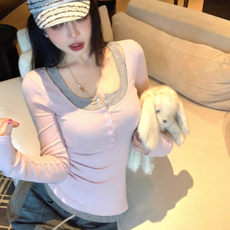 【tops】フェイクレイヤードニットトップス Q8013