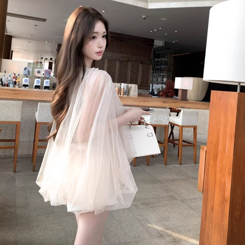 【tops】チュールフェイクレイヤードトップス Q8388