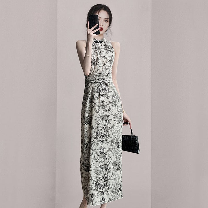 【dress】韓国系ノースリーブプリントワンピースおしゃれ　M17313