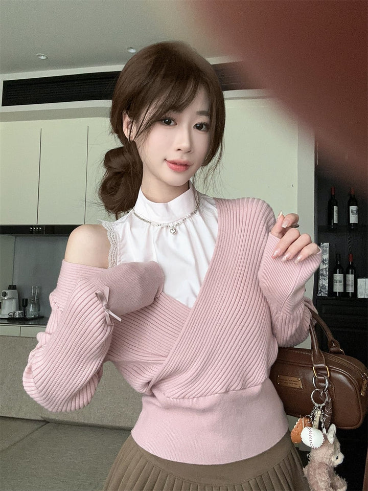 【tops】オフショルダー切り替えニットトップス　M27223