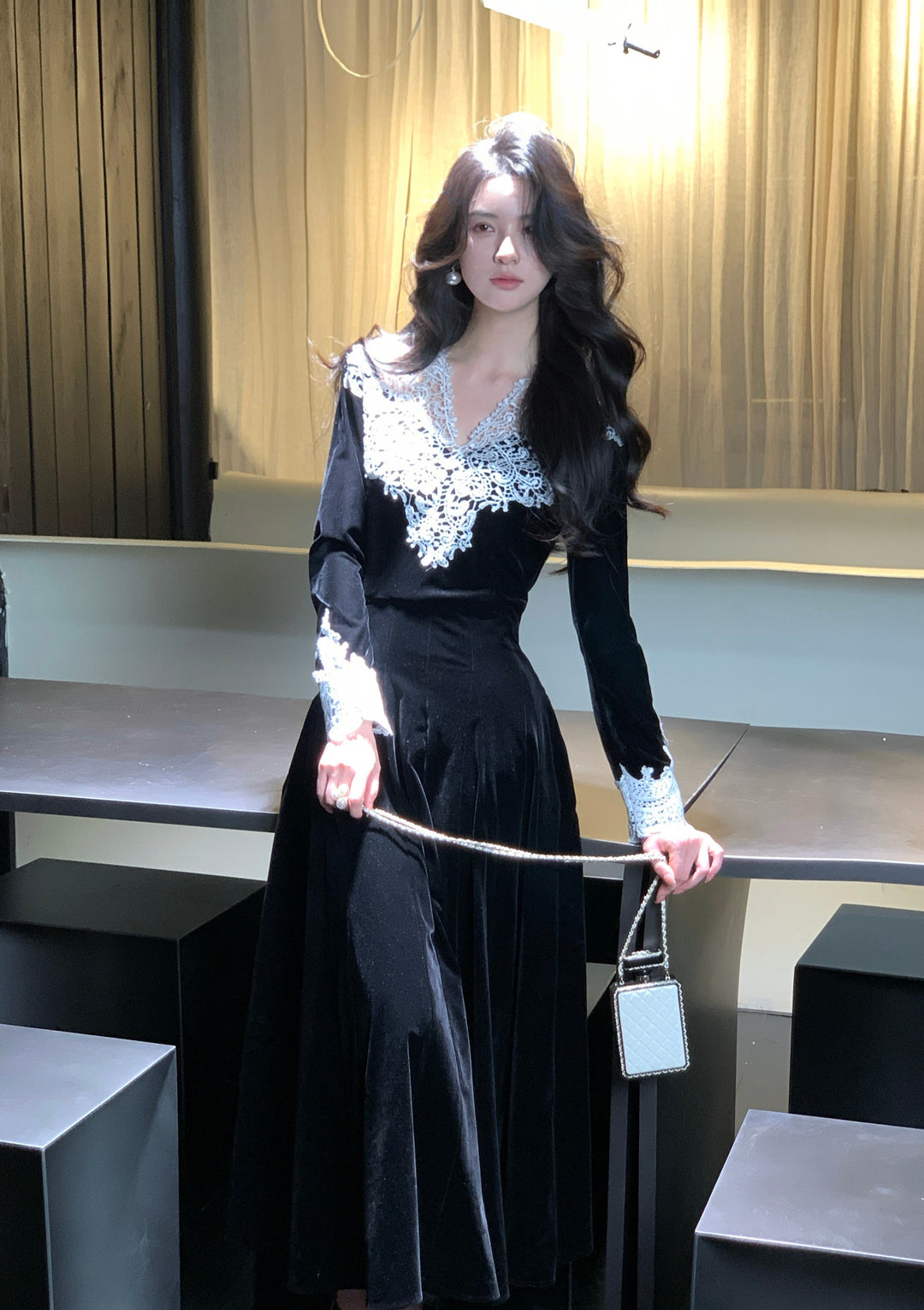 【dress】レーストリミングベロアワンピース　N3476
