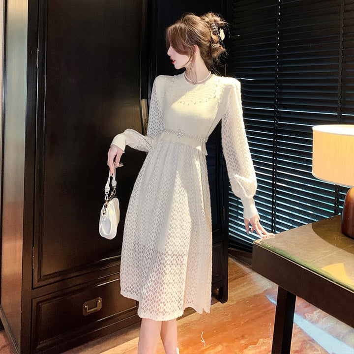 【dress】レースドッキングニットワンピース　M18431