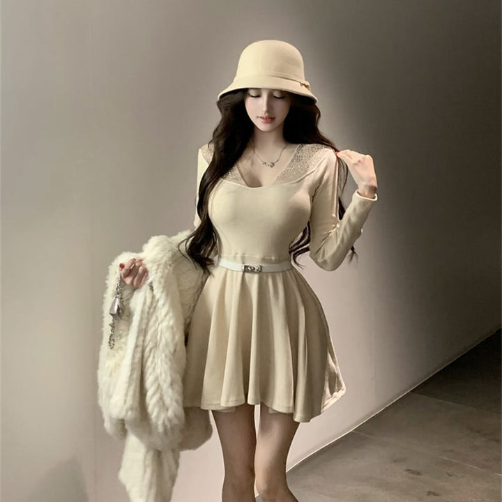 【dress】ラインストーンチュールニットミニワンピース　N3508