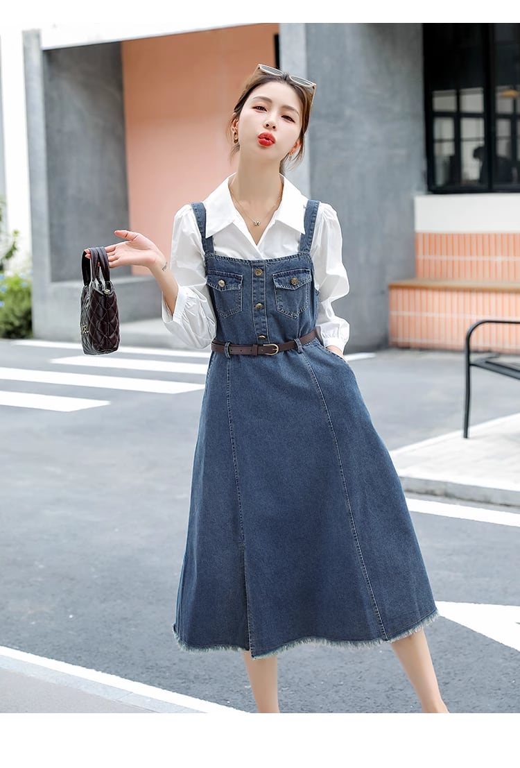 【set】シャツ×デニムサロペットワンピースベルト付きセット　M17837