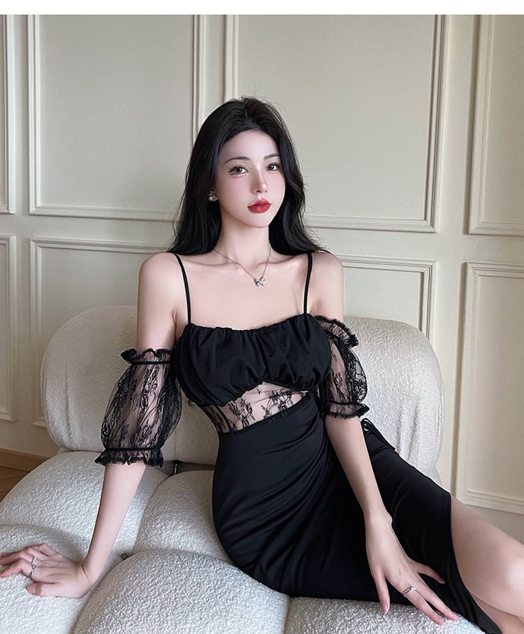 【dress】韓国系セクシーレース切り替えキャミワンピース　M17058