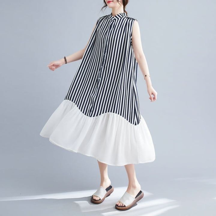 【dress】韓国系ストライプ柄ノースリーブワンピース　M16946