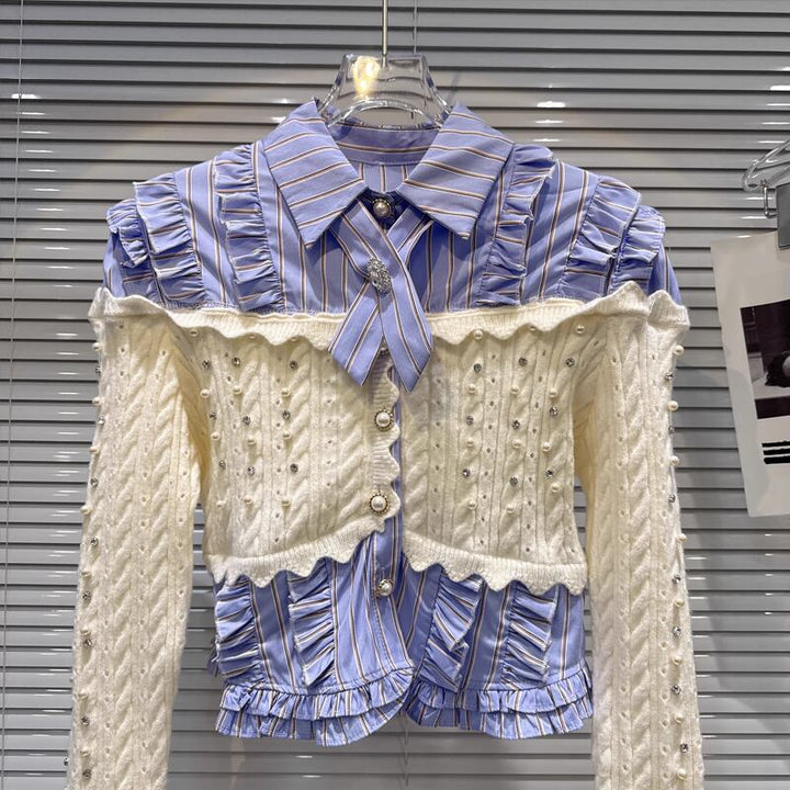 【tops】パール付きニットドッキングシャツ Q7541